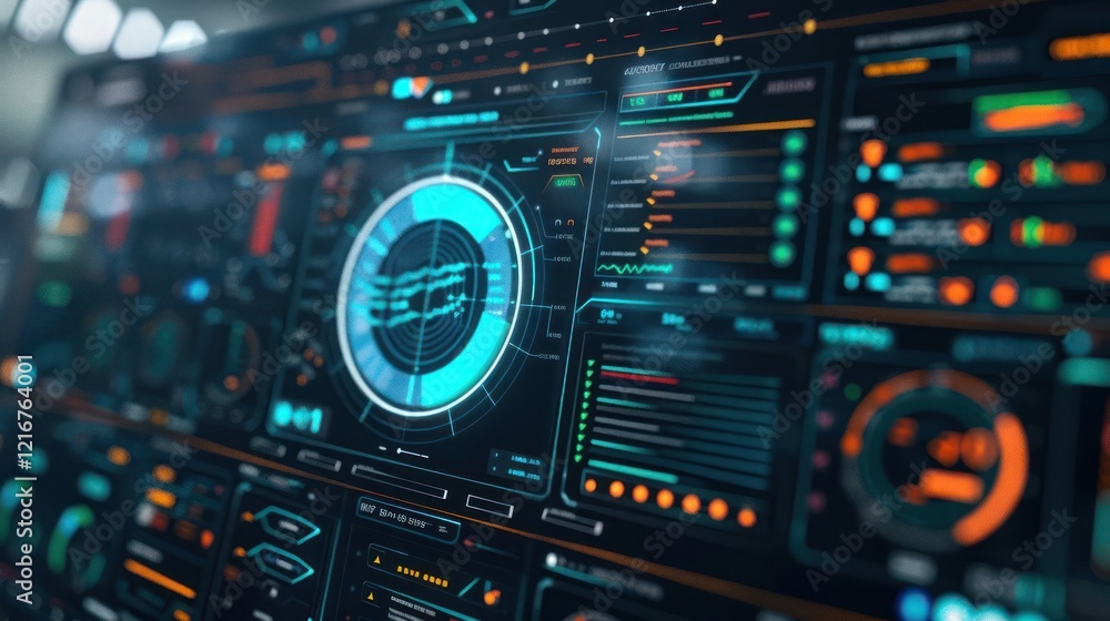 Futuristic digital dashboard displaying data analytics and system monitoring in a tech environment Futuristic digital dashboard displaying data analytics and system monitoring in a tech environment