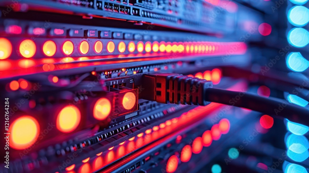 Close-up view of illuminated server racks showcasing network cables and vibrant LED lights Close-up view of illuminated server racks showcasing network cables and vibrant LED lights