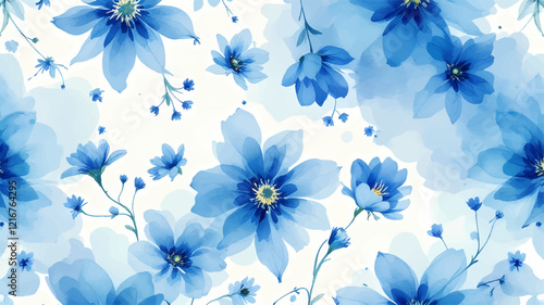 Seamless pattern with blue flowers painted in watercolor style on a white background, elegant floral design	