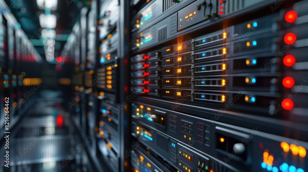 Close-up view of a modern data center with illuminated server racks and cables in action Close-up view of a modern data center with illuminated server racks and cables in action