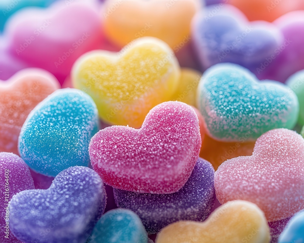 A pile of heart-shaped candies in various bright colors, with a soft glow illuminating the sugary delights, ready to be enjoyed on Valentine's Day. A pile of heart-shaped candies in various bright colors, with a soft glow illuminating the sugary delights, ready to be enjoyed on Valentine's Day.