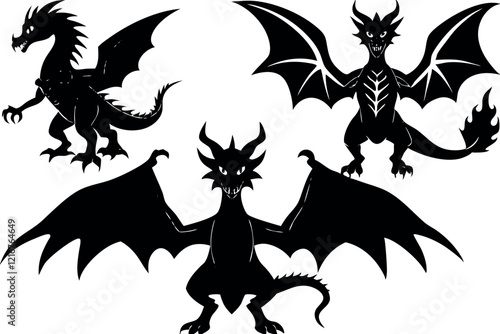 Three Elegant Dragon Vector Illustrations With Sharp Features and Dynamic Poses