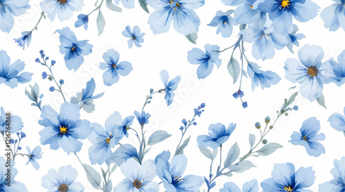 Seamless pattern with blue flowers painted in watercolor style on a white background, elegant floral design	