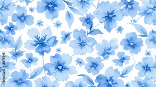Seamless pattern with blue flowers painted in watercolor style on a white background, elegant floral design	