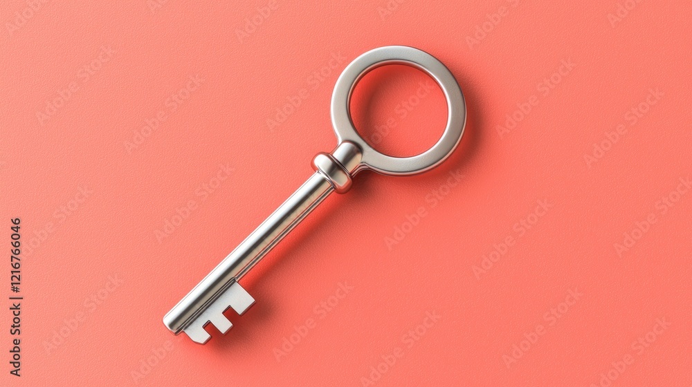 A metallic key on a vibrant coral background, symbolizing access, security, and unlocking potential. A metallic key on a vibrant coral background, symbolizing access, security, and unlocking potential.