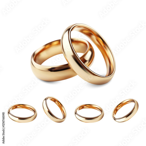 The close-up view features multiple golden wedding rings arranged in a sequence, highlighting their polished surfaces and elegant design.