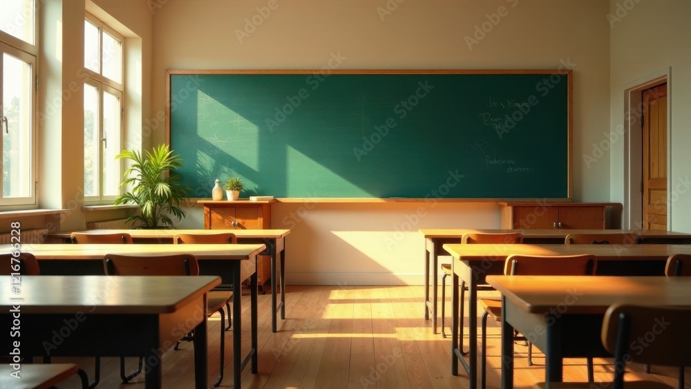 Sunlit Classroom Ready for Students Empty Desks and a Green Chalkboard Await the Start of a New Day Sunlit Classroom Ready for Students Empty Desks and a Green Chalkboard Await the Start of a New Day