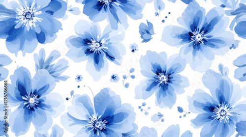 Blue watercolor flowers seamless pattern transparent background