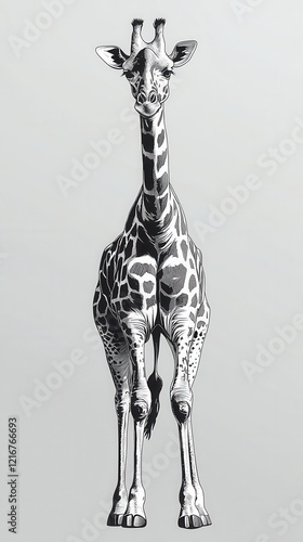 Giraffe in linocut style on a light background – detailed black and white illustration with minimalist design