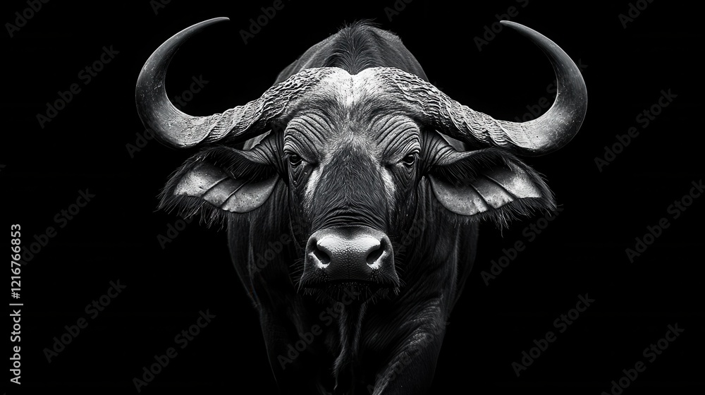Naklejka premium Close-up of an African buffalo with powerful horns and an intense gaze on a black background