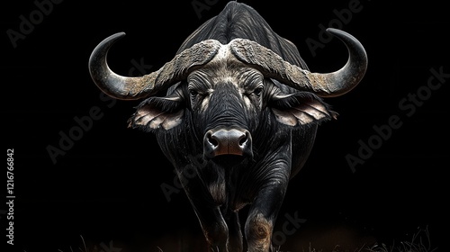 Close-up of an African buffalo with powerful horns and an intense gaze on a black background