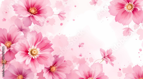 Pink watercolor flowers seamless pattern transparent background