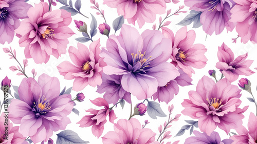 Purple watercolor flowers seamless pattern transparent background
