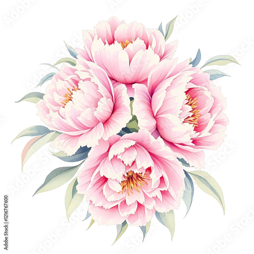 Watercolor pink magenta peony flowers bouquet.	