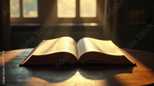 Wallpaper Mural Illuminated pages of an open book resting on a wooden surface, bathed in the warm glow of sunlight streaming through a nearby window Torontodigital.ca