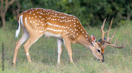 A male axis deer grazing in a field, showcasing its spotted coat and antlers. photo