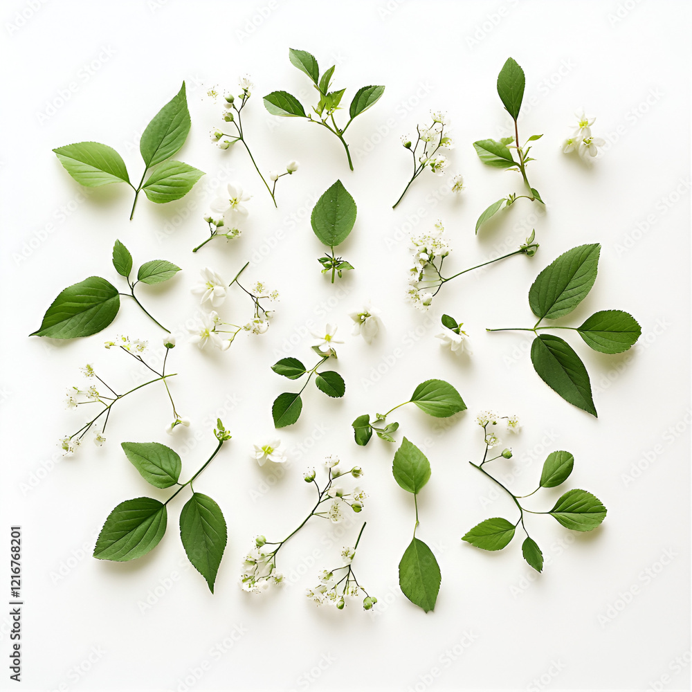 Obraz premium Floral arrangement: Delicate white blossoms and vibrant green leaves artfully arranged on a white background.