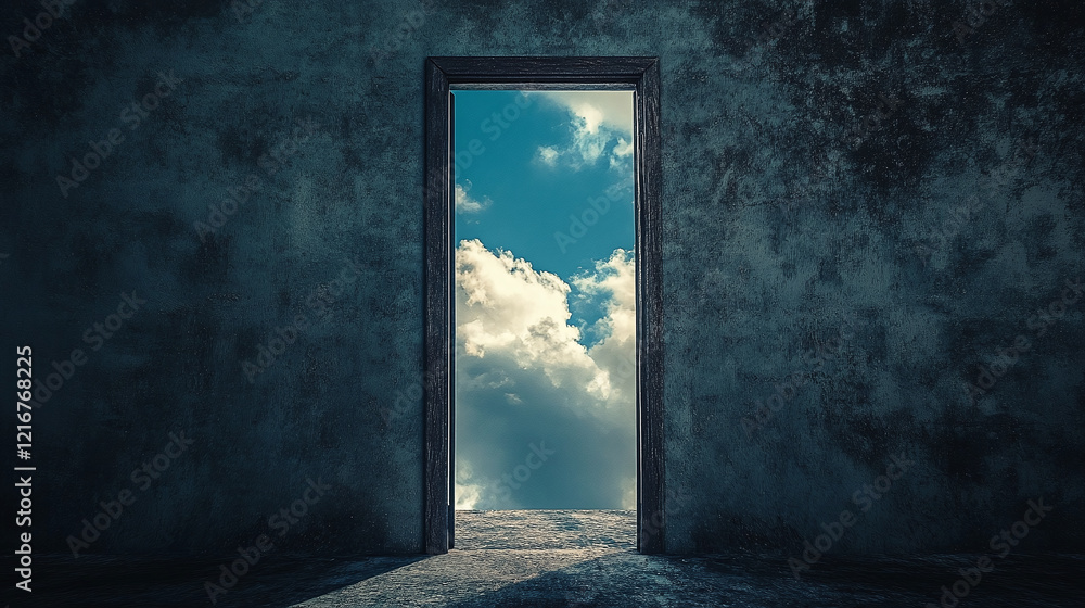 A mysterious open door in a dark, textured wall reveals a vibrant blue sky and fluffy white clouds, symbolizing opportunity, freedom, and new beginnings. A mysterious open door in a dark, textured wall reveals a vibrant blue sky and fluffy white clouds, symbolizing opportunity, freedom, and new beginnings.