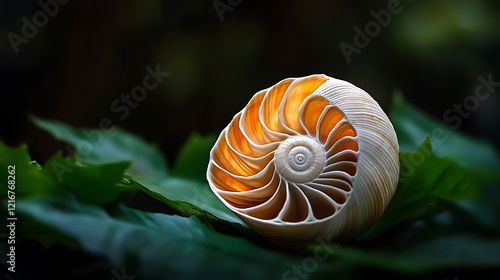 Illuminated Nautilus shell on leaves, nature background, spiritual, design photo