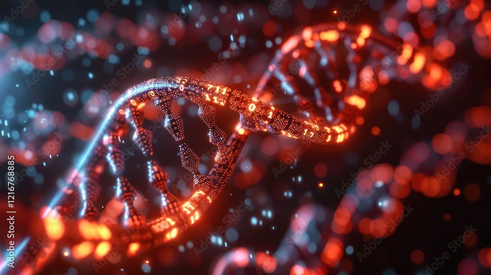 Abstract representation of DNA strands illuminated with vibrant colors against a dark background Abstract representation of DNA strands illuminated with vibrant colors against a dark background