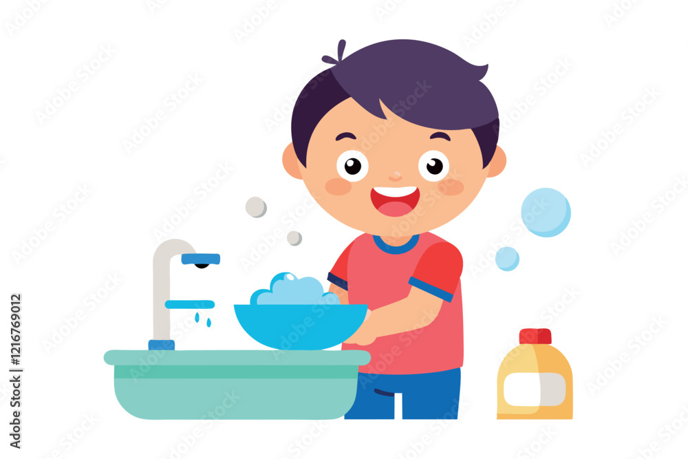 Happy Child Washing Hands With Soap by the Sink in a Bright, Clean Environment Happy Child Washing Hands With Soap by the Sink in a Bright, Clean Environment