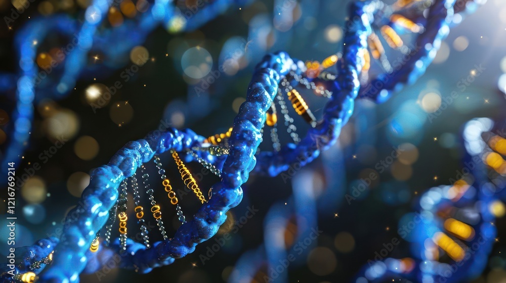 Close-up view of a DNA double helix model with glowing elements and a blurred background Close-up view of a DNA double helix model with glowing elements and a blurred background