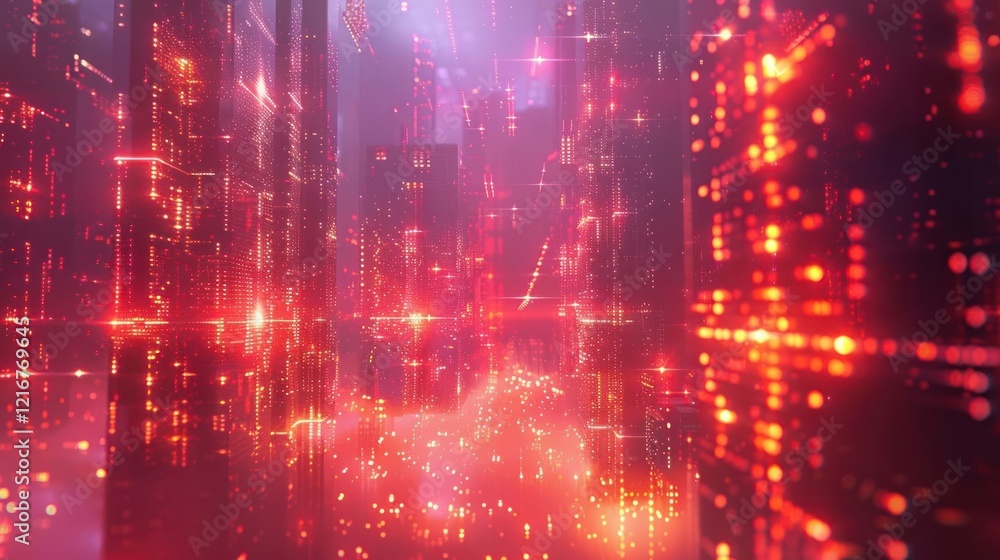 Futuristic cityscape illuminated by vibrant red and orange lights with digital elements Futuristic cityscape illuminated by vibrant red and orange lights with digital elements