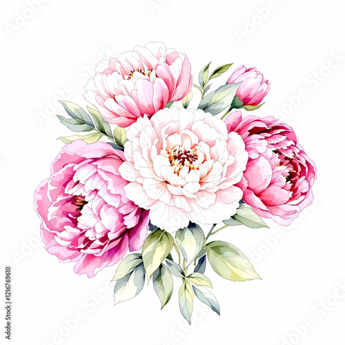 Watercolor flower Pions bouquets, clipart isolated on a white background
