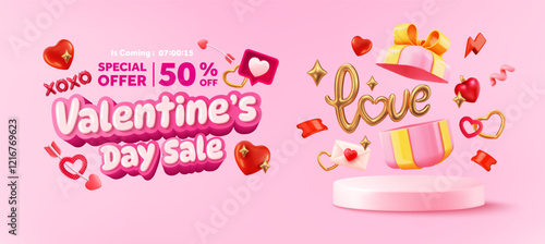 Valentine's Day Sale Banner Template with Floating Hearts,Gift Box,Love Text,Discount Offers and Romantic Design Elements in a Vibrant Pink Theme for Seasonal Marketing and Festive Celebrations