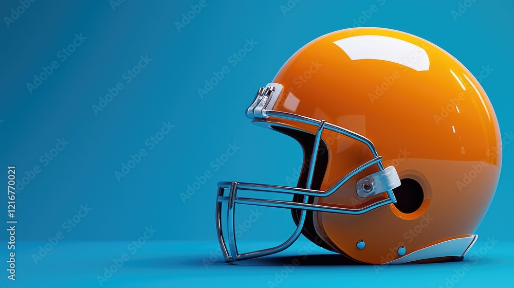 Fototapeta premium A vibrant orange football helmet showcased against a vivid blue background, perfect for sports-themed projects.