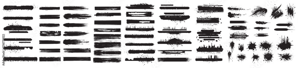 Various black brush stroke elements arranged in a horizontal format, showcasing different textures and styles ideal for graphic design and artistic compositions. Various black brush stroke elements arranged in a horizontal format, showcasing different textures and styles ideal for graphic design and artistic compositions.