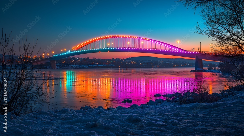 Naklejka premium Illuminated bridge, winter river, city skyline, sunset