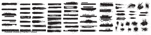 Various black brush stroke elements arranged in a horizontal format, showcasing different textures and styles ideal for graphic design and artistic compositions.