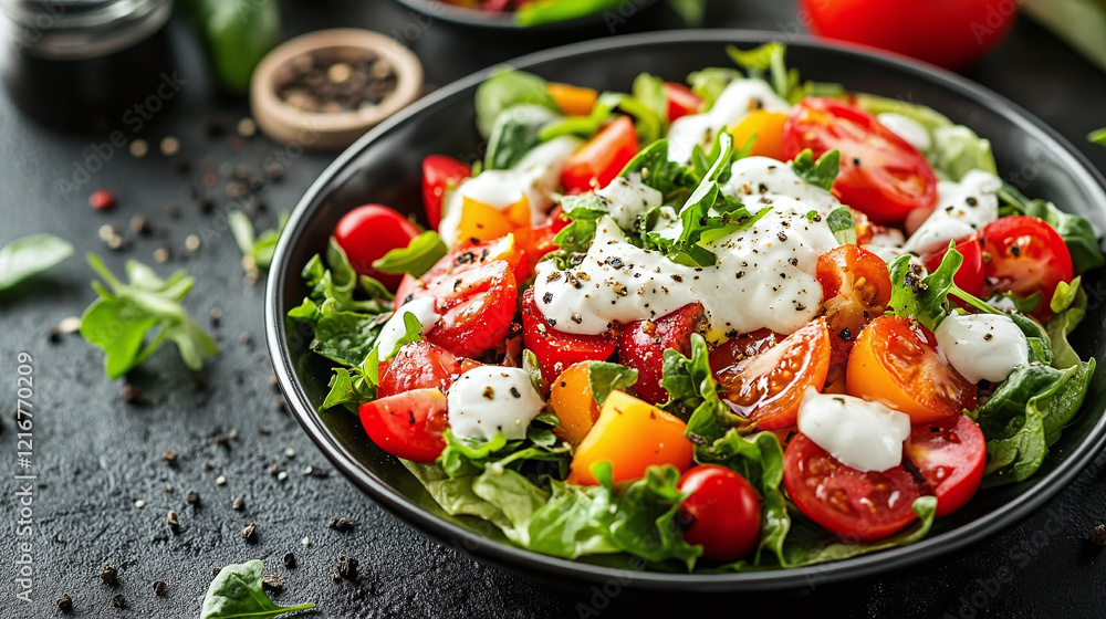 A gourmet salad in a black bowl topped with fresh vegetables, creamy mayonnaise, and seasoning, emphasizing vibrant colors, healthy eating, and culinary presentation. A gourmet salad in a black bowl topped with fresh vegetables, creamy mayonnaise, and seasoning, emphasizing vibrant colors, healthy eating, and culinary presentation.