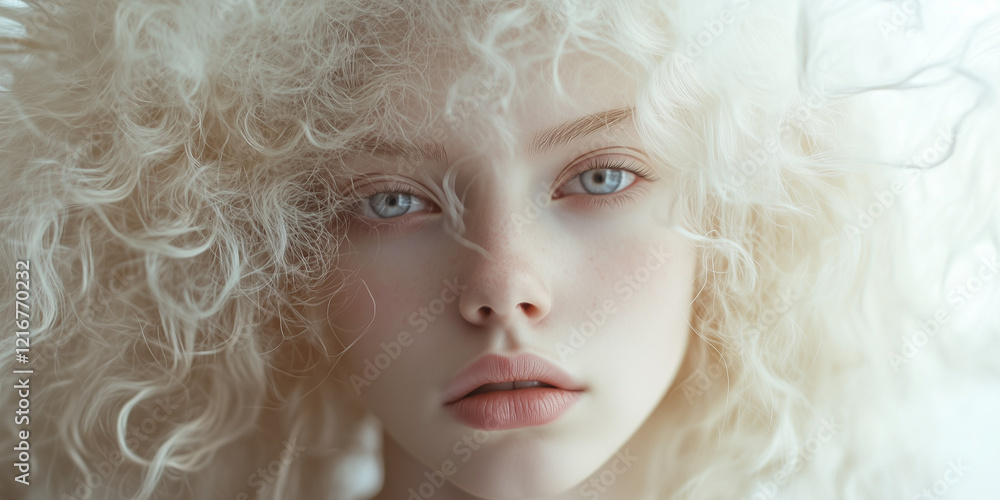 Close up Portrait of Young Woman with Curly Albino Hair. black albino woman white dress. Ethereal image Close up Portrait of Young Woman with Curly Albino Hair. black albino woman white dress. Ethereal image