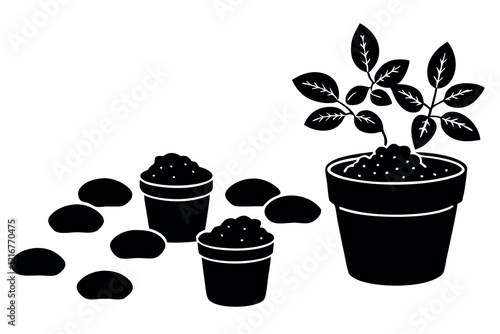 Creative Black Silhouette of Potted Plants With Soil and Pebbles for Decorative Use