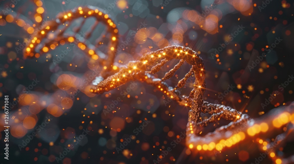 Intricate close-up of a glowing DNA double helix structure amidst a shimmering cosmic background Intricate close-up of a glowing DNA double helix structure amidst a shimmering cosmic background