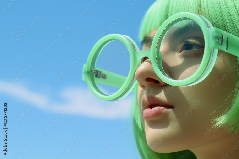 Φωτογραφία A woman with green hair and green glasses is looking out at the blue sky