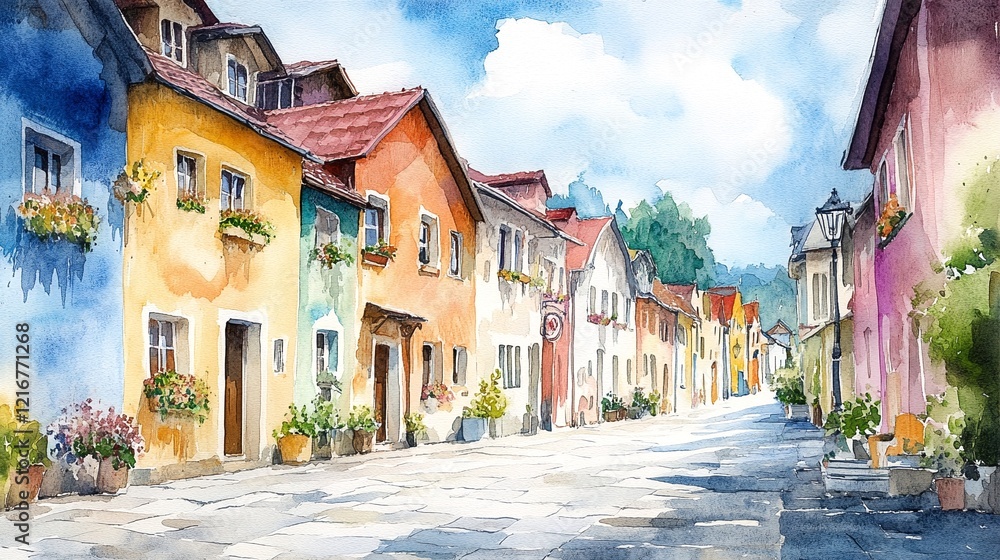 Naklejka premium A watercolor painting of a quaint village street with colorful buildings and potted plants.