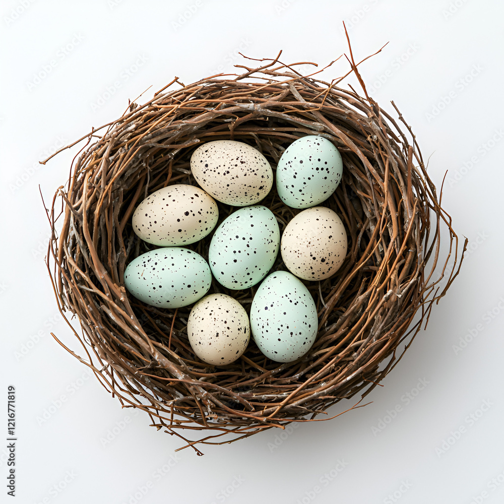 Pastel speckled eggs nestled in a rustic bird's nest. A springtime scene of new life and natural beauty. Pastel speckled eggs nestled in a rustic bird's nest. A springtime scene of new life and natural beauty.