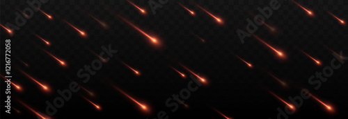Vector meteor shower png. Falling comets on a transparent background. Cosmic starfall.