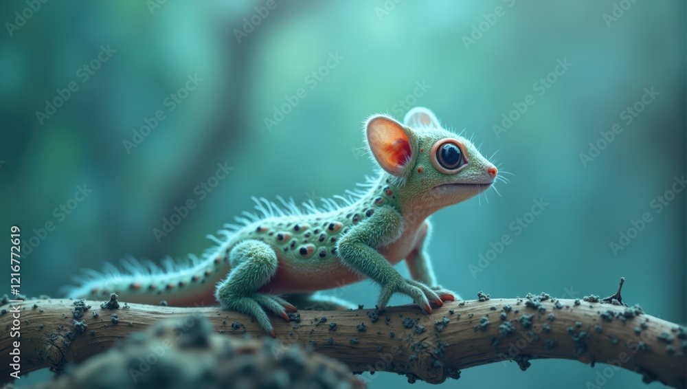 Fototapeta premium Digital Rendering of Fictional Lizard-like Creature on Branch