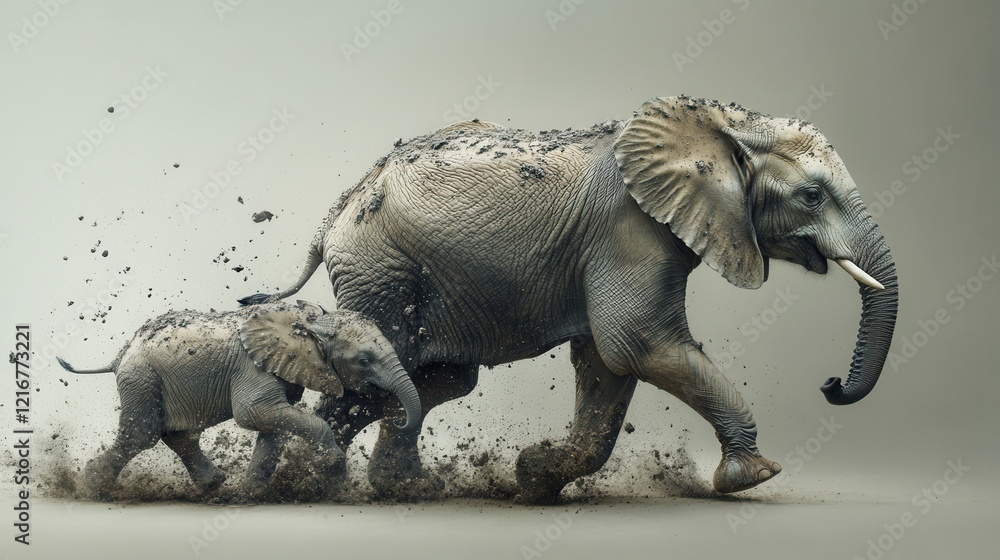 Fototapeta premium African elephant mother and calf walking in the desert