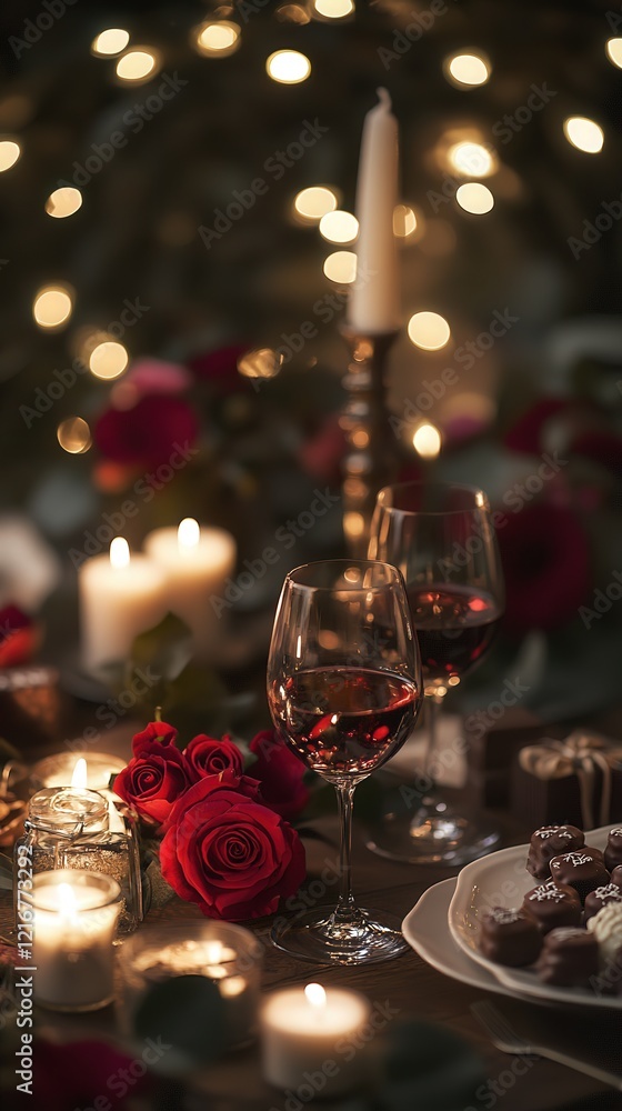 A romantic dinner setup featuring wine glasses, chocolates, and roses on a table, all surrounded by soft A romantic dinner setup featuring wine glasses, chocolates, and roses on a table, all surrounded by soft