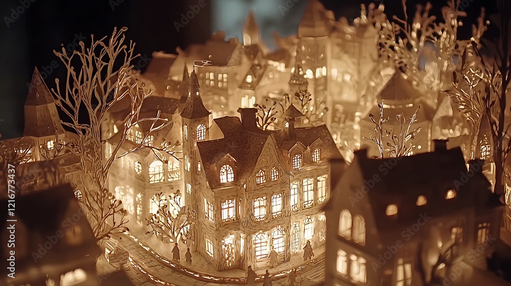 Obraz premium Illuminated paper model town, winter scene, holiday decoration, dark background