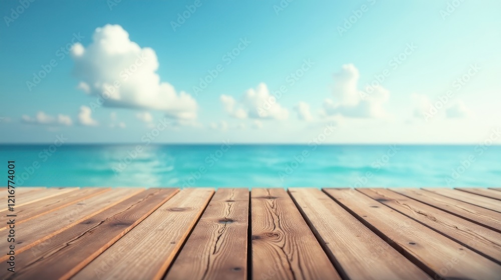 Serene Coastal View Wooden Deck Overlooking a Calm Ocean with a Soft Blue Sky and Fluffy White Clouds Serene Coastal View Wooden Deck Overlooking a Calm Ocean with a Soft Blue Sky and Fluffy White Clouds