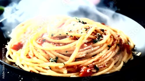 A plate of steaming spaghetti with tomato sauce and parmesan cheese