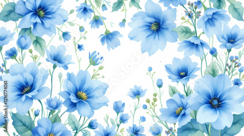 Seamless pattern with blue flowers painted in watercolor style on a white background, elegant floral design