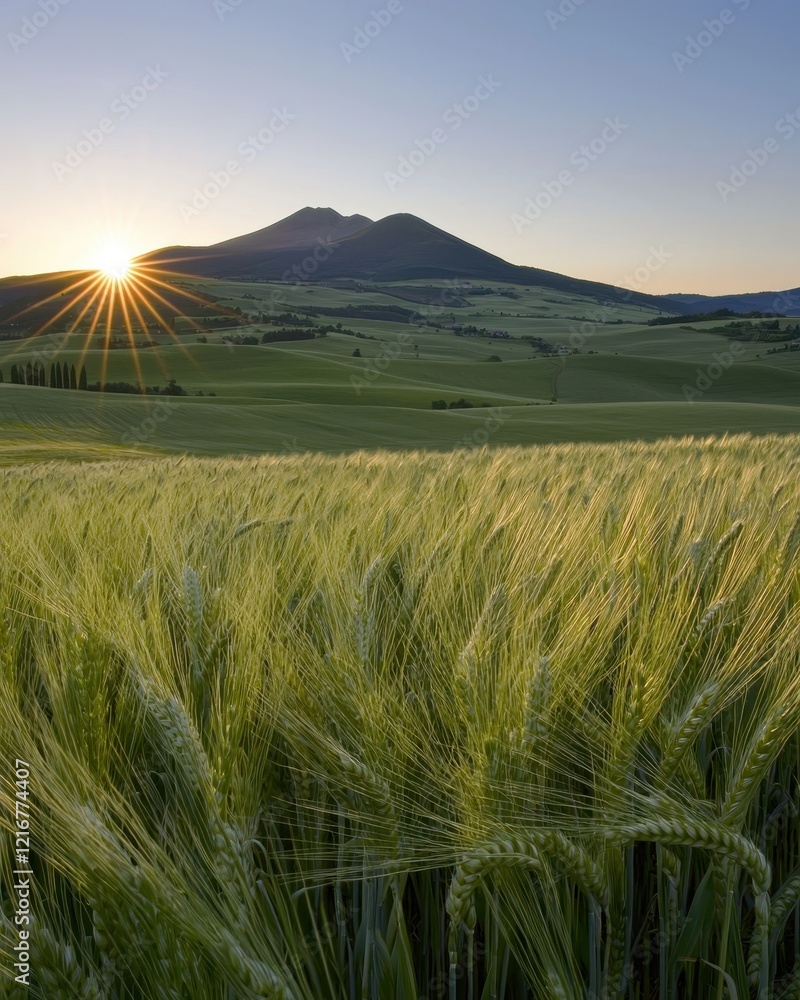 Fototapeta premium Serene Sunrise over Rolling Hills and Barley Field Majestic Mountain View
