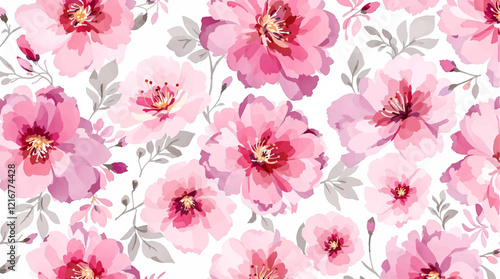 Seamless pattern with Pink flowers painted in watercolor style on a white background, elegant floral design